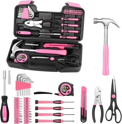 HANGYING 39 Piece Pink Tool Set for Women, All Purpose Household Hand Tool Kit with Plastic Storage Box, Small Tool kit for Home Garage Office College Dorm - color: Pink