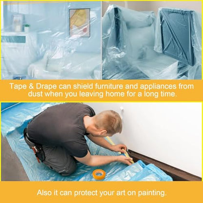 Painters Plastic With Tape,Tape and Drape, Automotive Pre-Taped Masking Film | 1 Roll | Self-Adhesive Painting Drop Film | Plastic Dust Sheets for Decorating, Cars Painting| 60 in x 65 feet