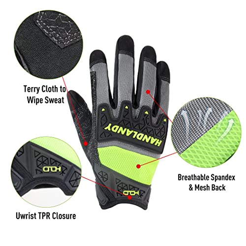 HANDLANDY Mens Work Gloves Touch screen, Utility Mechanic Gloves, Flexible Breathable Fit- Padded Knuckles & Palm - color: Green, size: X-Large