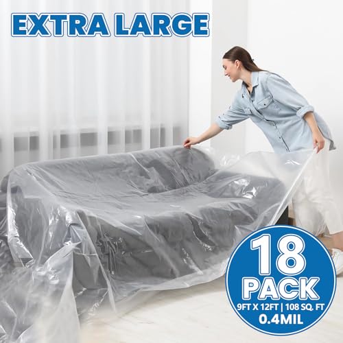 18 Pack Plastic Drop Cloth, 9 x 12 Feet Plastic Sheeting, Painter's Sheeting & Tarps for Painting, Dustproof Painters Plastics Tarp for Furniture Cover - color: 18p