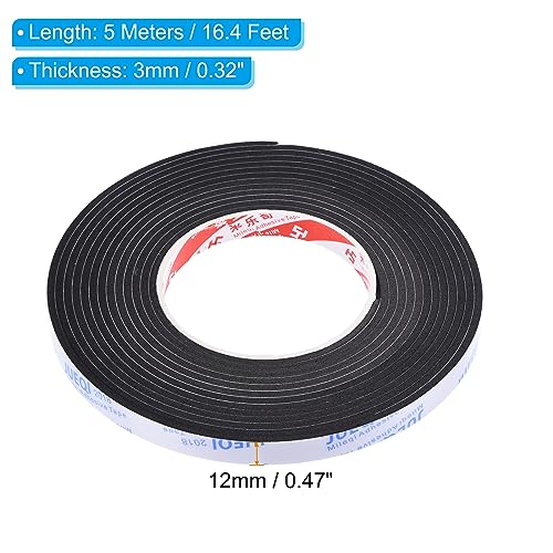 PATIKIL 5m/16.4ft Sealing Foam Tape, 2 Rolls 12mm Wide 3mm Thick Single Sided Weather Stripping Door Seal Strip for Window Door Insulation, Black - size: 5mx12mmx3mm