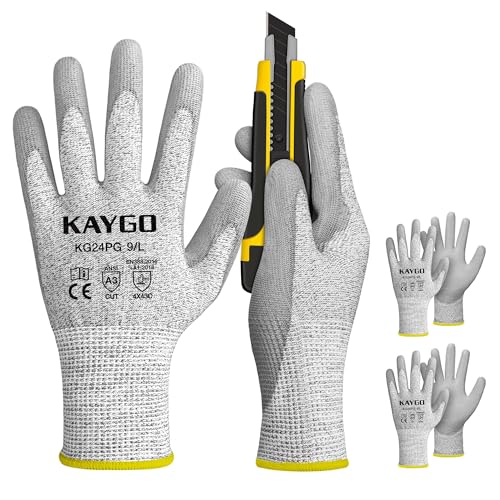 KAYGO Cut Resistant Gloves PU Coated 3 Pairs, ANSI Cut Level A3, Professional Safety Work Gloves for Industrial, Construction, Woodworking, Warehouse (Large,Grey) - color: Grey Ansi A3, size: Large