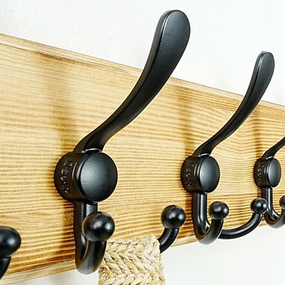 Dseap Coat Rack Wall Mount - Heavy-Duty Robust Rustic Wooden Wall Coat Hanger Hook Rail with 5 Triple Hooks for Winter Coats Hat Jacket Clothing, Light Brown & Black, Pack of 2 - color: Light Brown & Black, size: L=17.4"