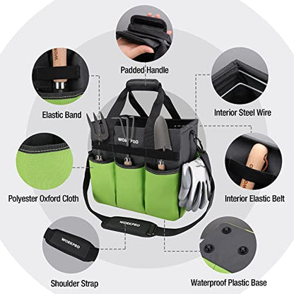 WORKPRO Garden Tool Bag Organizer, Heavy Duty Gardening Tote Bag with 10 Pockets and Long Adjustable Shoulder Strap, Standable Garden Home Tool Kits Organizer, Green (Tools are not Included) - color: Green