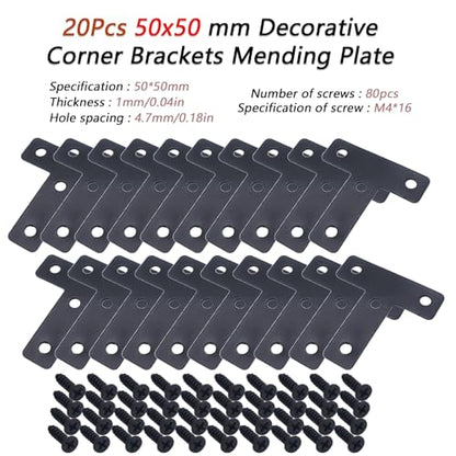 20pcs T Flat Shape Braces Corner Bracket, 50x50 mm Decorative Corner Brackets Mending Plate, Stainless Steel T-Shaped Bracket for Wood Furniture Fixing - size: T Black 50x50 mm