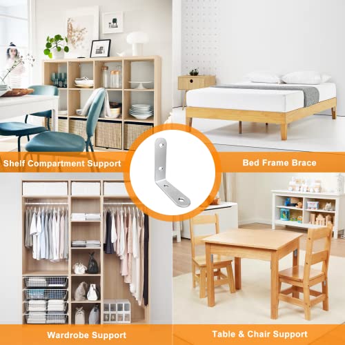 LuckIn 20 Pcs L Bracket Stainless Steel Corner Brace Sets, 90 Degree Right Angle Shelf Brackets with Screws for Wood Furniture, Chairs, Table, 50mm x 50mm, Silver, 2 Inch