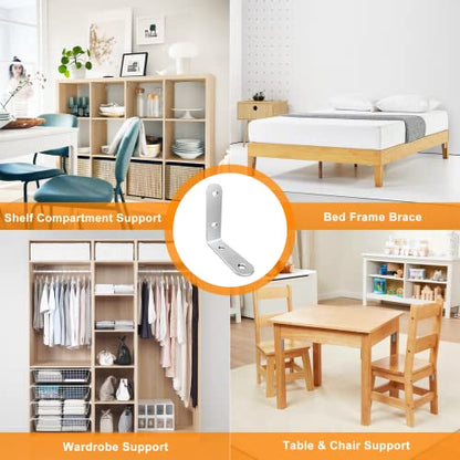 LuckIn 20 Pcs L Bracket Stainless Steel Corner Brace Sets, 90 Degree Right Angle Shelf Brackets with Screws for Wood Furniture, Chairs, Table, 50mm x 50mm, Silver, 2 Inch