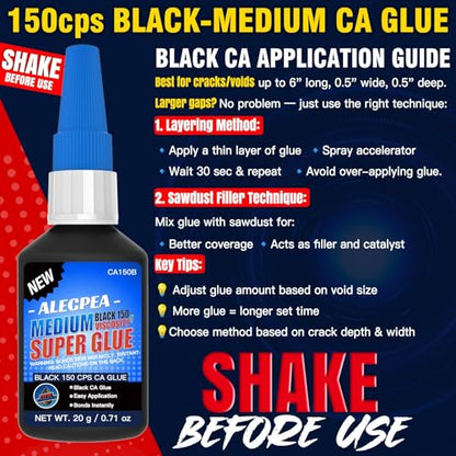 20g Black Medium CA Glue (150 CPS), Premium Cyanoacrylate Super Glue for Wood, Glass, Metal, Paper, Leather, Plastic, Ceramic, Rubber, Jewelry, Woodworking, Hobby Models, and Craft Project - size: Black/150CPS