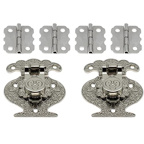 2 Pack Antique Bronze Vase Hasp Latch and Mini Flower Type Hinges Decorative Lock Buckle with Screwdriver Matching Screws [FDXGYH, Silver].
