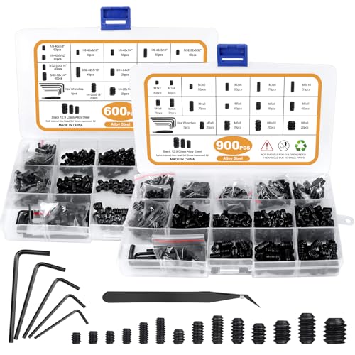 1500PCS Metric & SAE Set Screw Assortment Kit, 32 Size 12.9 Class Alloy Steel Internal Hex Allen Grub Head Set Screws for Bathroom Fixtures, Door Handles, Home Repair, Black, M3-M8, 1/8-40 to 5/16-18 - color: Black 12.9 Alloy Steel 1500PCS