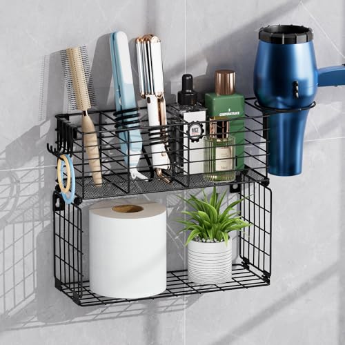 VITVITI Metal Hair Tool Organizer with Toilet Paper Basket, Bathroom Blow Dryer Curling Iron Holder Wall Mount, 2 Tiers Styling Tools Organizer for Straightener with Hooks, Black - color: Black 2 Tiers
