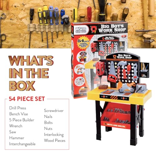 World Tech Toys Big Boys Work Shop 54 Piece Tool Bench Playset – Kids Construction Workbench with Toy Drill, Vise, Nuts & Bolts Builder Set - Kids 3+