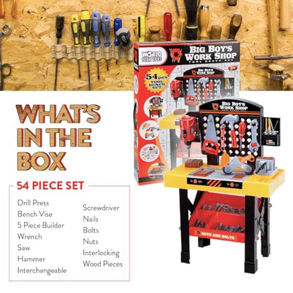 World Tech Toys Big Boys Work Shop 54 Piece Tool Bench Playset – Kids Construction Workbench with Toy Drill, Vise, Nuts & Bolts Builder Set - Kids 3+