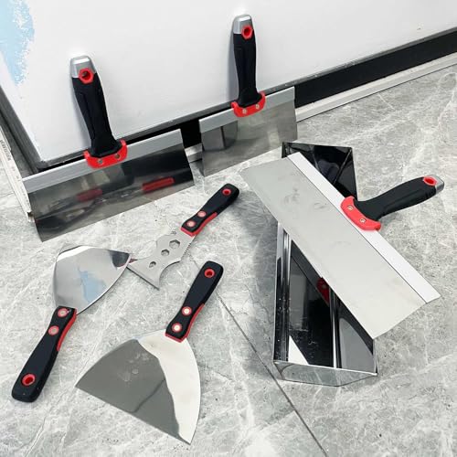 Drywall Hand Tool Kit, 7 Pcs Stainless Steel Drywall Knife Set with Soft Handle, Includes Putty Knife, Taping Knife, Painter Scraper Tool & 13" Mud Pan for Joint Taping, Finishing, Patching - color: Black, 7pcs