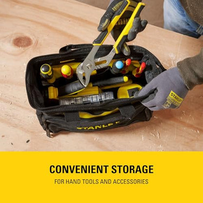 STANLEY Tool Bag 30 x 25 x 13 cm in Resistant 600 x 600 Denier with 8 Interior 2 Exterior Pockets and Reinfored Base 1-93-330, Black, 12"