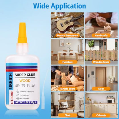 Super Glue for Woodwork with Anti Clog Cap. 6 x 1 fl oz,CA Glue - Clear Adhesive Cyanoacrylate Glue for Furniture, Garden, Crafts, DIY, Metal to Wood, Quick Dry - style: Wood-Glue