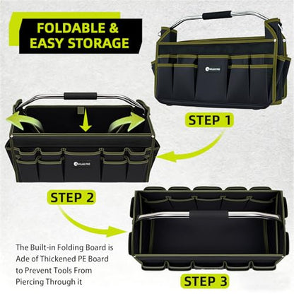 20in Foldable Open Top Tool Bags For Men Heavy Duty, Tool Carrier hard With Handle, Wide Mouth Electrician Tool Tote, Many Pockets Can Hold Many Tool, Green - size: 20INCH