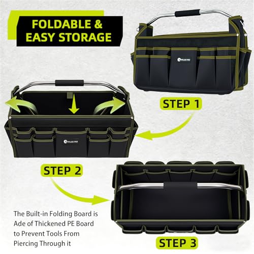 22in Tool Bags For Men Heavy Duty, 33 PCS Pockets Tool Bag Organizer Foldable Open Top Tool Bag With Handle, Wide Mouth Electrician Tool Tote, Green - size: 22inch