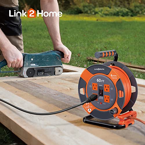 Link2Home Cord Reel 60 ft. Extension Cord 4 Power Outlets – 14 AWG SJTW Cable. Heavy Duty High Visibility Power Cord. - size: 60 Feet
