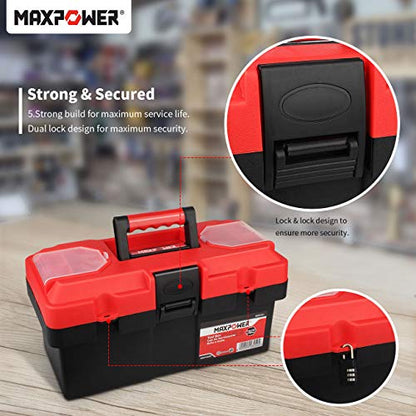 MAXPOWER Small Tool Box, 14-inch Plastic Tool Boxes with Handle, Removable Tray with Dual Lock Secured, Red Toolbox for Home - style: 14" red