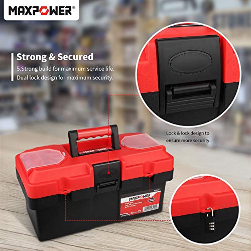MAXPOWER Small Tool Box, 14-inch Plastic Tool Boxes with Handle, Removable Tray with Dual Lock Secured, Red Toolbox for Home - style: 14" red