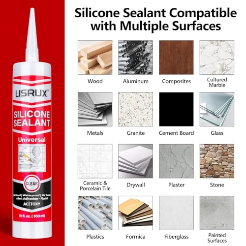 LISRUX Advanced Clear Silicone Caulk for Kitchen & Bathroom,10 fl oz Cartridge,24 Pack,100% Waterproof RTV Silicone Sealant,Stronger Adhesion,Shrink & Crack Proof - size: 24P, style: Clear