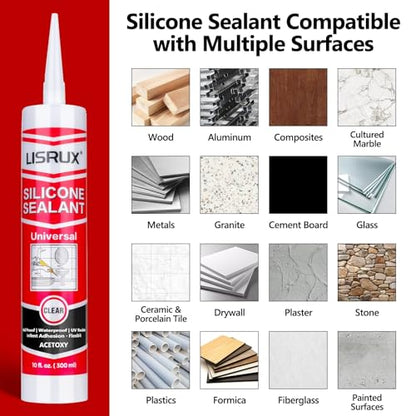 LISRUX Advanced Clear Silicone Caulk for Kitchen & Bathroom,10 fl oz Cartridge,24 Pack,100% Waterproof RTV Silicone Sealant,Stronger Adhesion,Shrink & Crack Proof - size: 24P, style: Clear