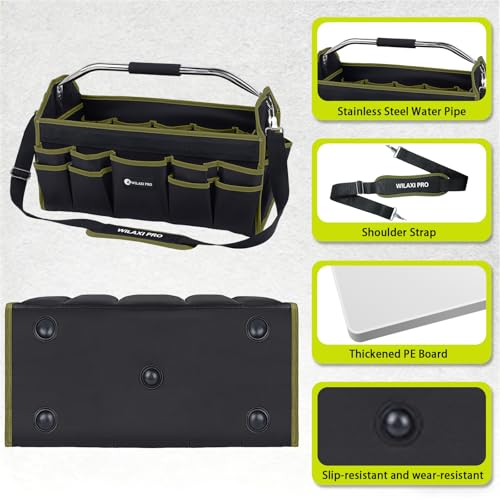 20in Foldable Open Top Tool Bags For Men Heavy Duty, Tool Carrier hard With Handle, Wide Mouth Electrician Tool Tote, Many Pockets Can Hold Many Tool, Green - size: 20INCH