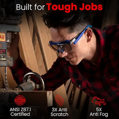 Safety Glasses & Goggles – ANSI Z87, Adjustable, 5X Anti-Fog ClearShield™ Lenses, Includes Premium EVA Hard Case - color: Blue