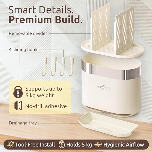 COZYTO LuxTray U1-Pro Wall Mounted Utensil Holder – Kitchen Organizer with Hooks, Dividers & Drain Tray, No-Drill Adhesive Wall Mount Storage, BPA-Free (Cream White & Shiny Silver) - color: Cream White & Shiny Silver