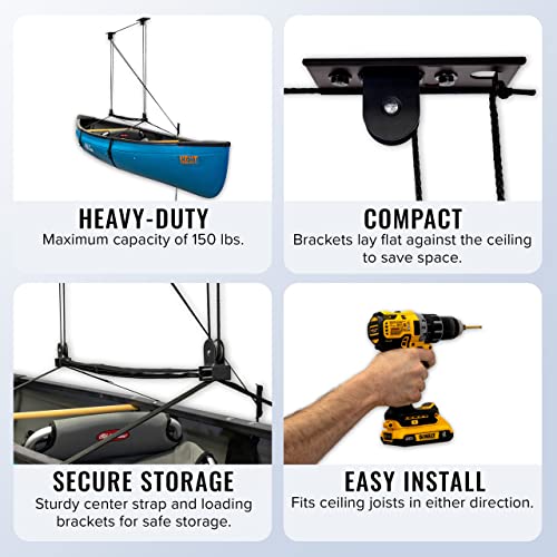 StoreYourBoard Ladder Storage Ceiling Pulley System, Garage Mount Hoist, Heavy Duty Hanging Organizer Holds 150 lbs - size: 10 ft - 14 ft Ceiling
