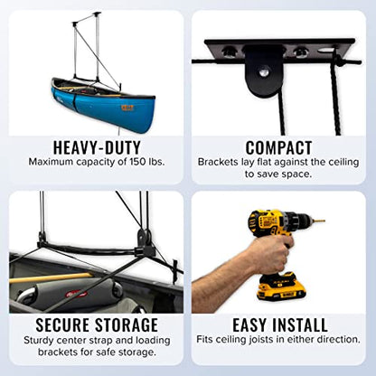 StoreYourBoard Ladder Storage Ceiling Pulley System, Garage Mount Hoist, Heavy Duty Hanging Organizer Holds 150 lbs - size: 10 ft - 14 ft Ceiling