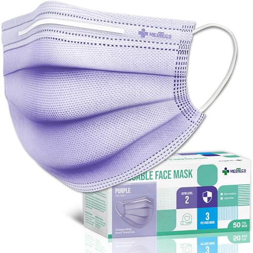 Medtecs Face Mask Disposable – Available in 50 & 2,000 pcs – ASTM Level 1, 3-Ply Breathable, Soft Fit – Adult Size – Ideal for Commuting & Daily Wear - color: 05. Purple, size: Adult - 50PC