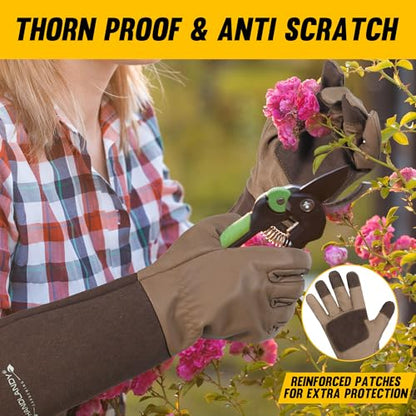 HANDLANDY Long Gardening Gloves for Men & Women, Cowhide Leather Rose Pruning Gloves- Breathable & Durable Gauntlet Glove (Medium, Brown) - color: Brown, size: Medium (Pack of 1)