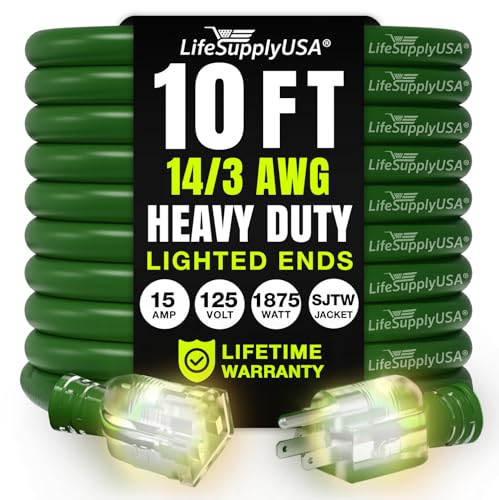 10ft Outdoor/Indoor Extension Cord 14/3 Gauge Heavy Duty 3 Prong SJTW, Waterproof, Flexible Cold-Resistant Long Power Cord,15A 125V 1875W, Green by LifeSupplyUSA - color: Green, size: 10 FT, style: 14AWG