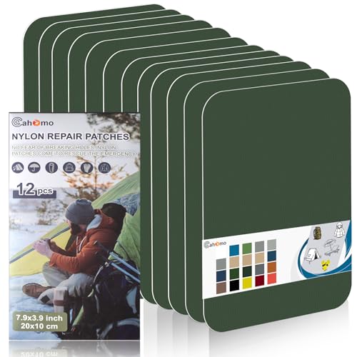Cahomo 7.9x3.9 inch 12 PCS Nylon Repair Patch Nylon Repair Tape Self Adhesive Fabric Tapes Outdoor Camping Gear Fabric kit for Tent, Umbrella, Down Jackets, Sleeping Bag, Knapsack（Army Green） - color: Army Green, size: 7.9x3.9 inch