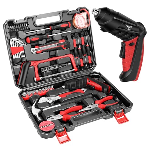Tool Set, 43 Piece Home Tool Kit for Home with 3.6V Cordless Rechargeable Screwdriver,Basic Household Tool Kit Set for Apartment, College Dorm & DIY Projects - color: Dark Red