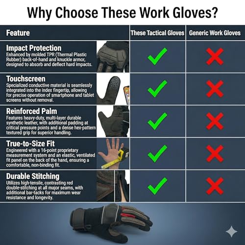 Mechanic Gloves for Men, Heavy Duty Impact-Resistant Synthetic Leather Automotive Work Gloves with TPR Knuckle Armor, SBR Padded Anti-Vibration Palm,Touchscreen Fingertips, Reinforced Palm