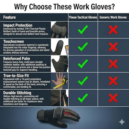 Mechanic Gloves for Men, Heavy Duty Impact-Resistant Synthetic Leather Automotive Work Gloves with TPR Knuckle Armor, SBR Padded Anti-Vibration Palm,Touchscreen Fingertips, Reinforced Palm