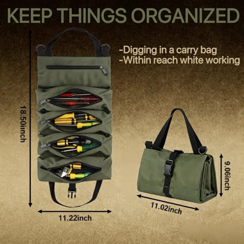 Tool Bag Roll Up,Heavt Duty Tool Organizer Portable Tool Storage Bags Waterproof Oxford Cloth-Zipper Pouch for Men Mechanic, Electricians, Repairman, Green