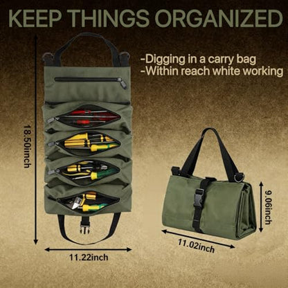 Tool Bag Roll Up,Heavt Duty Tool Organizer Portable Tool Storage Bags Waterproof Oxford Cloth-Zipper Pouch for Men Mechanic, Electricians, Repairman, Green