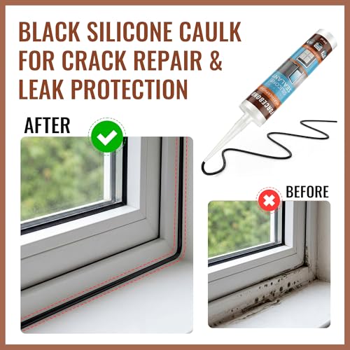 2 Pack Black Silicone Caulk, Neutral Black Caulking Waterproof, 10.1OZ Silicone Sealant for Filling Gaps and Cracks, Shower, Bathroom, Windows & Doors, Bathtub, RV, Pest Entry Blocking