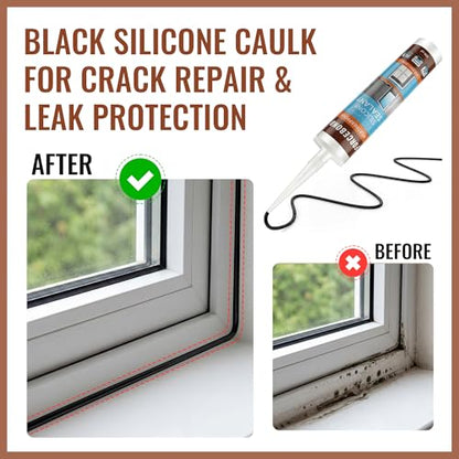 2 Pack Black Silicone Caulk, Neutral Black Caulking Waterproof, 10.1OZ Silicone Sealant for Filling Gaps and Cracks, Shower, Bathroom, Windows & Doors, Bathtub, RV, Pest Entry Blocking