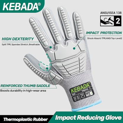 Kebada Impact Protection Gloves, ANSI A2 Cut Resistant Work Gloves with Grip, Touchscreen, Sandy Nitrile Coated - color: Grey (1 Pair), size: 3X-Large
