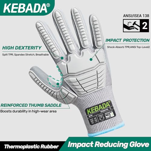 Kebada Impact Protection Gloves, ANSI A2 Cut Resistant Work Gloves with Grip, Touchscreen, Sandy Nitrile Coated - color: Grey (3 Pair), size: Medium