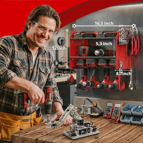 Heavy Duty Power Tool Organizer – 4 Drill Holders, Pegboard, Side Racks – Garage Storage Rack for DIYers – Metal Power Tool Shelf, Easy Install – Red