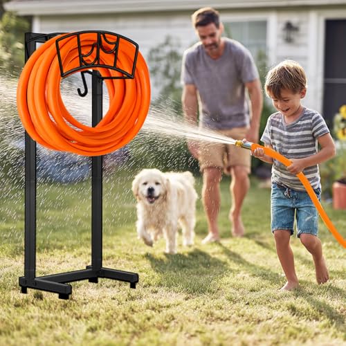 Mofesun Garden Hose Holder, Heavy Duty Metal Water Hose Holder 160-Feet Capacity, Detachable Freestanding Hose Hanger with 2 Tool Hooks, Garden Hose Storage Rack, Black