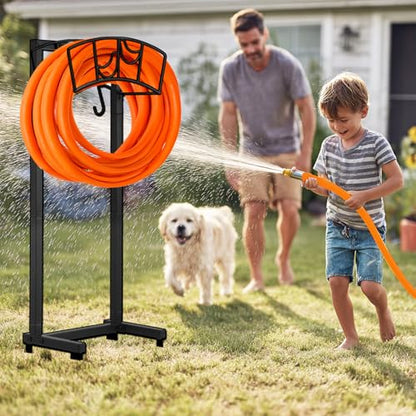 Mofesun Garden Hose Holder, Heavy Duty Metal Water Hose Holder 160-Feet Capacity, Detachable Freestanding Hose Hanger with 2 Tool Hooks, Garden Hose Storage Rack, Black