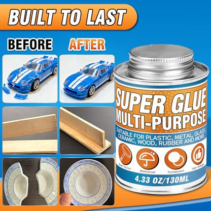 Super Glue with Brush (130ml) - All Purpose Strong Clear Adhesive, Waterproof Superglue Multi-Purpose Glue Gel for Wood, Ceramic, Glass, Leather, Plastic, Rubber, DIY Crafts & Industrial Repairs