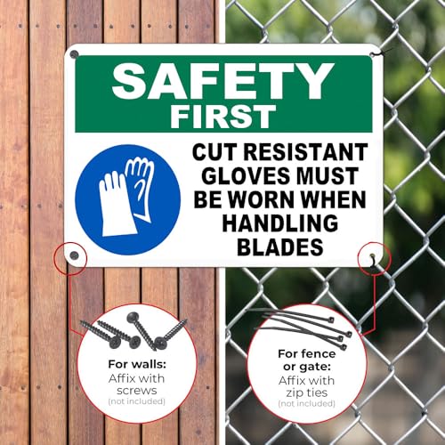 Safety First Warning Sign Aluminum Cut Resistant Gloves Required Handling Blades 12 * 8 Inch Rust Free Waterproof 4 Pre Drilled Holes for Workshop Garage Warehouse Factory Store